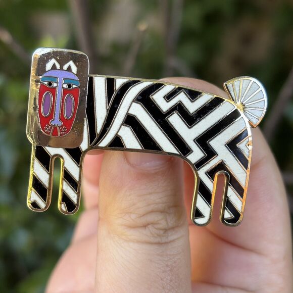 Vintage Laurel Burch Black White Enamel Zzzebra Gold Tone Cat Brooch Pin - Picture 3 of 6